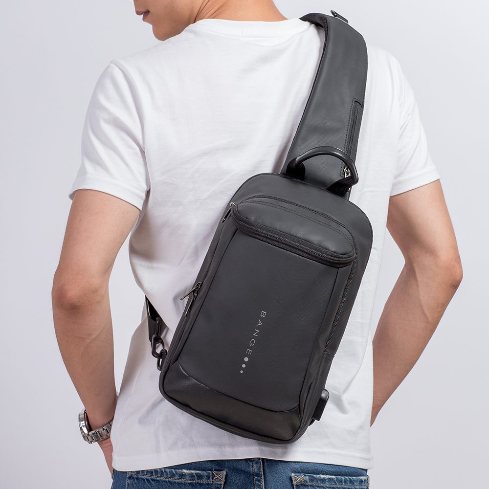 Geanta crossbody, tip rucsac unisex, cu port USB si buzunar ascuns pe spate, din poliester rezistent la stropi, BANGE BG1910
