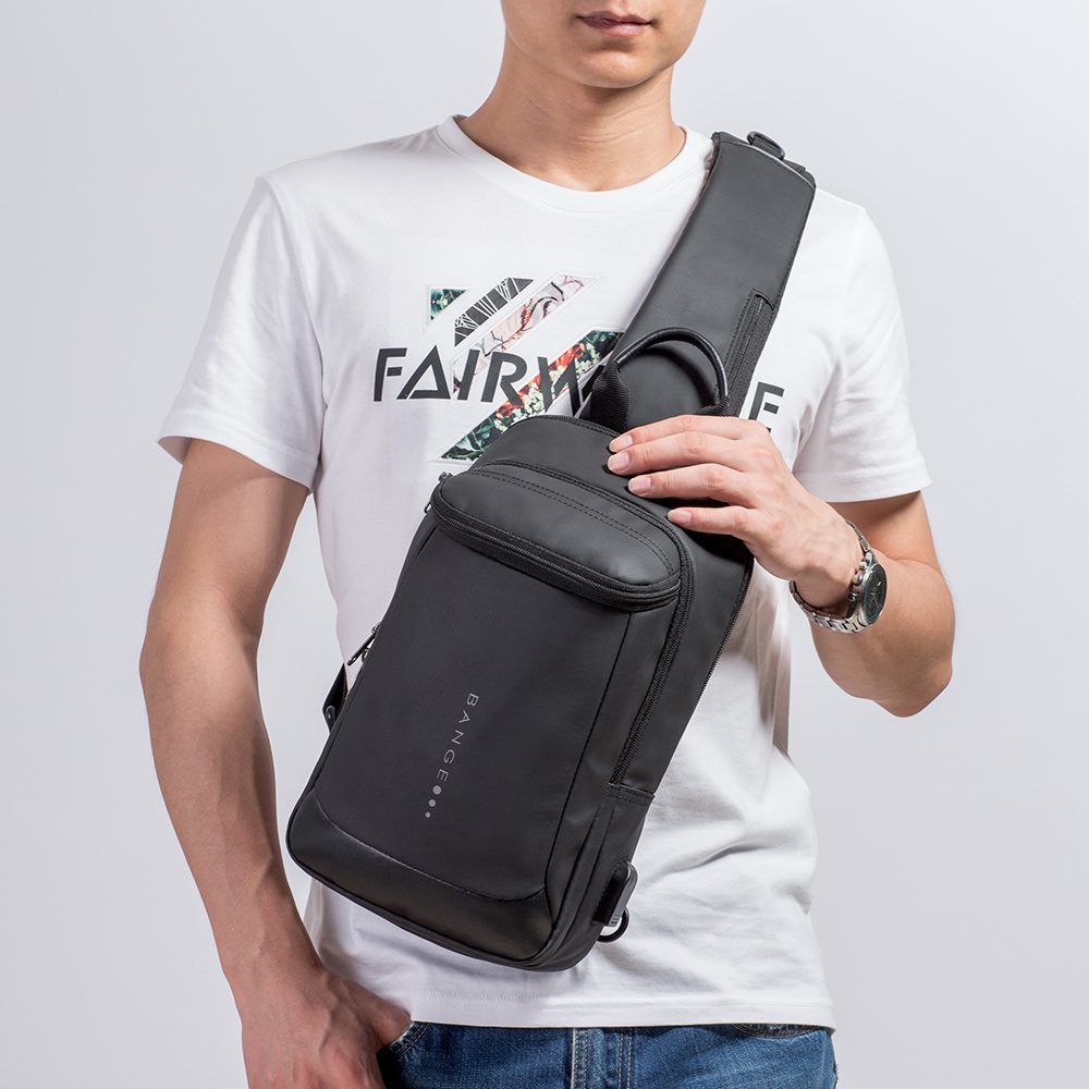 Geanta crossbody, tip rucsac unisex, cu port USB si buzunar ascuns pe spate, din poliester rezistent la stropi, BANGE BG1910