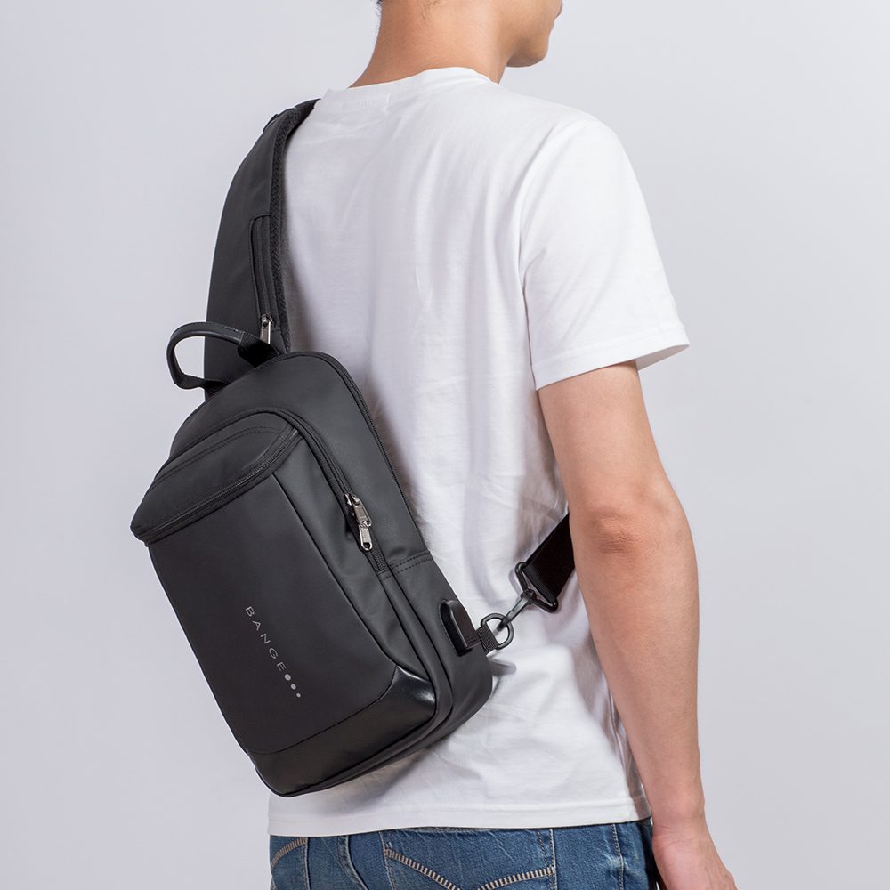 Geanta crossbody, tip rucsac unisex, cu port USB si buzunar ascuns pe spate, din poliester rezistent la stropi, BANGE BG1910