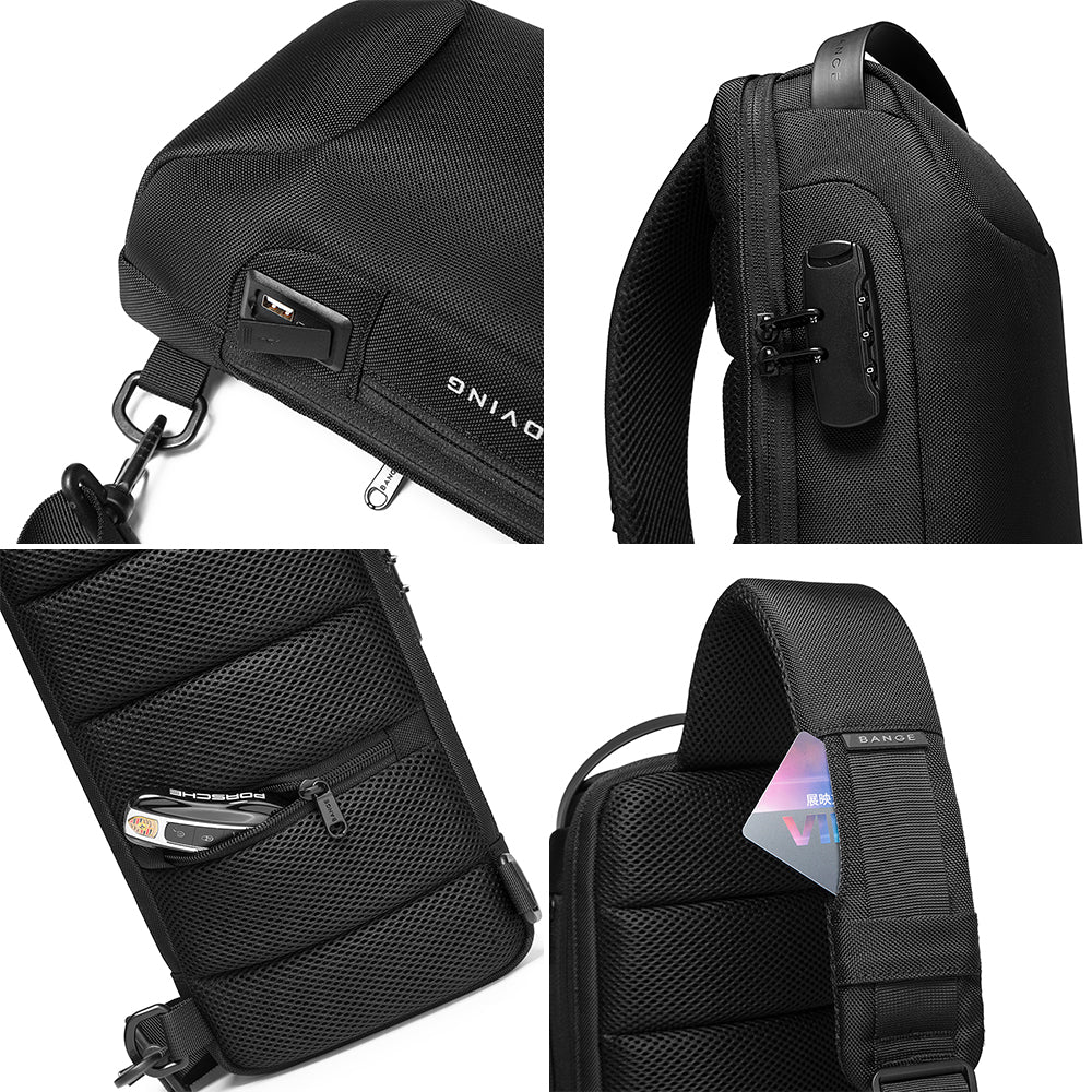 Rucsac crossbody pentru barbati, din poliester este rezistent la stropi, spate moale cu buzunar antifurt, lacat TSA si port USB, BANGE BG22085