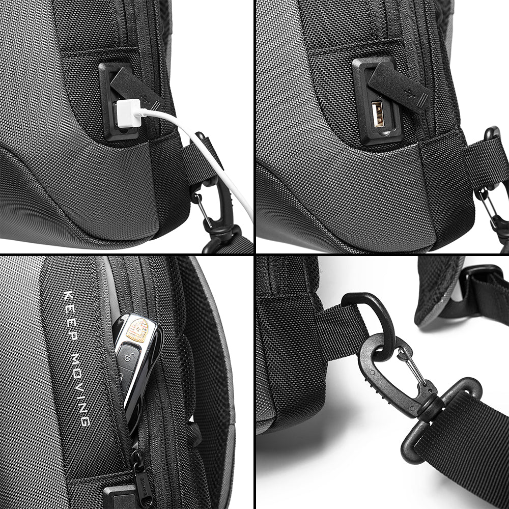 Rucsac crossbody pentru barbati, din poliester este rezistent la stropi, spate moale cu buzunar antifurt, lacat TSA si port USB, BANGE BG22085