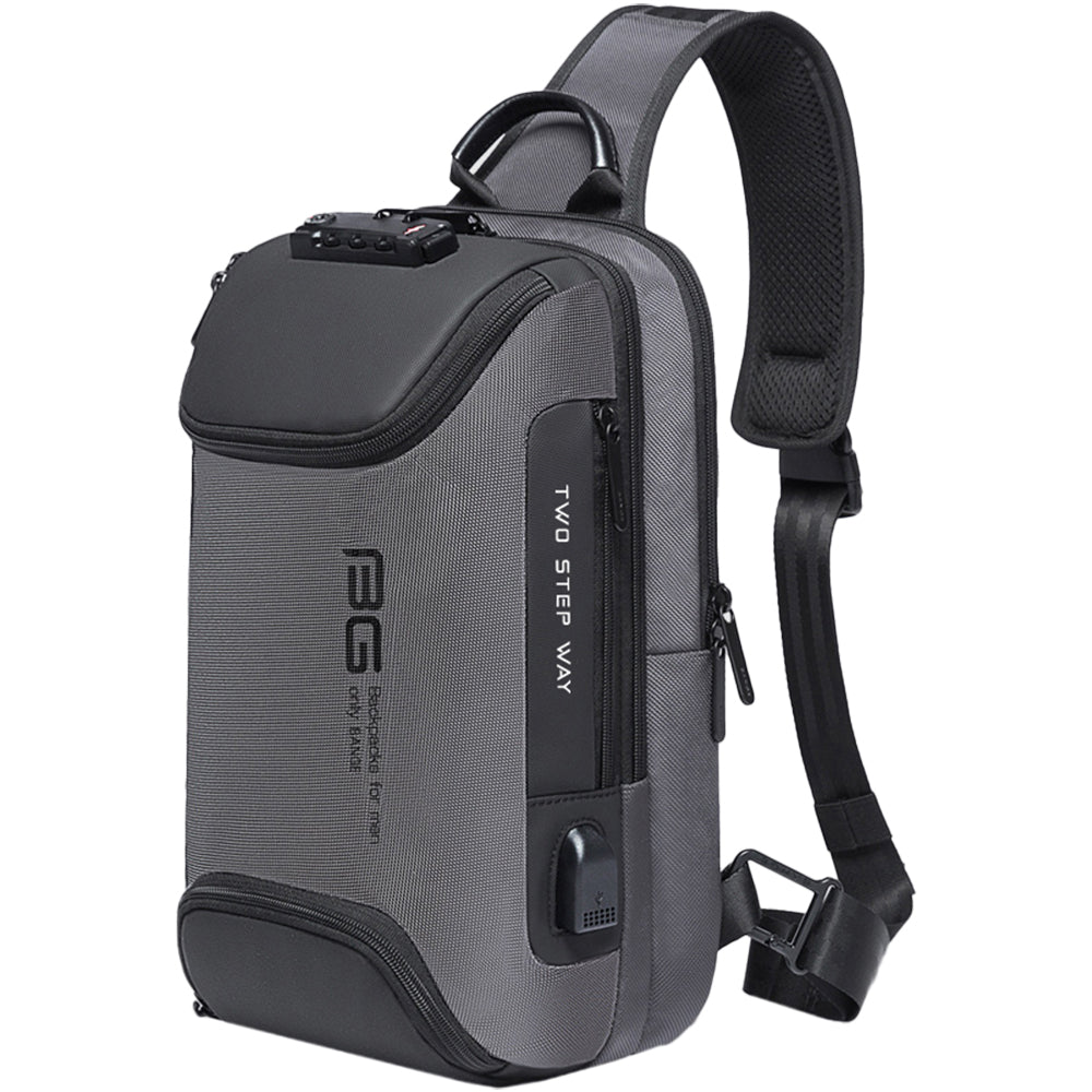 Rucsac crossbody pentru barbati, din poliester rezistent la apa, cu port USB si lacat TSA, buzunar anti furt si bareta cu trident, BANGE BG7082