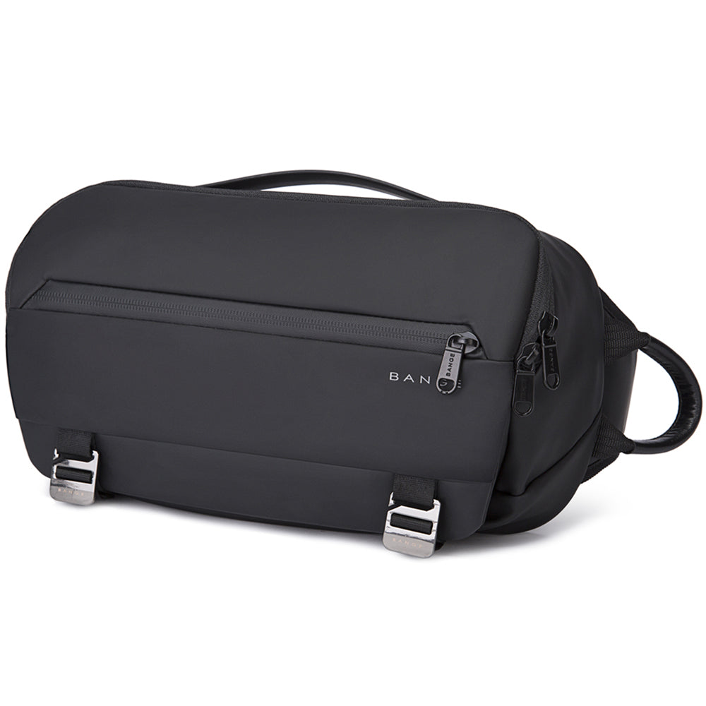 Geanta crossbody, tip rucsac unisex, din poliester este rezistenta la stropi, spate moale captusit cu buzunar antifurt, bareta cu trident si inel retractabil pentru chei, BANGE BG7322
