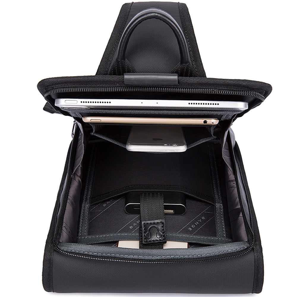 Geanta crossbody, tip rucsac unisex, forma patrata, din poliester rezistent la apa, bareta cu trident, compartiment pentru tableta 9,7 inch BANGE BG7323