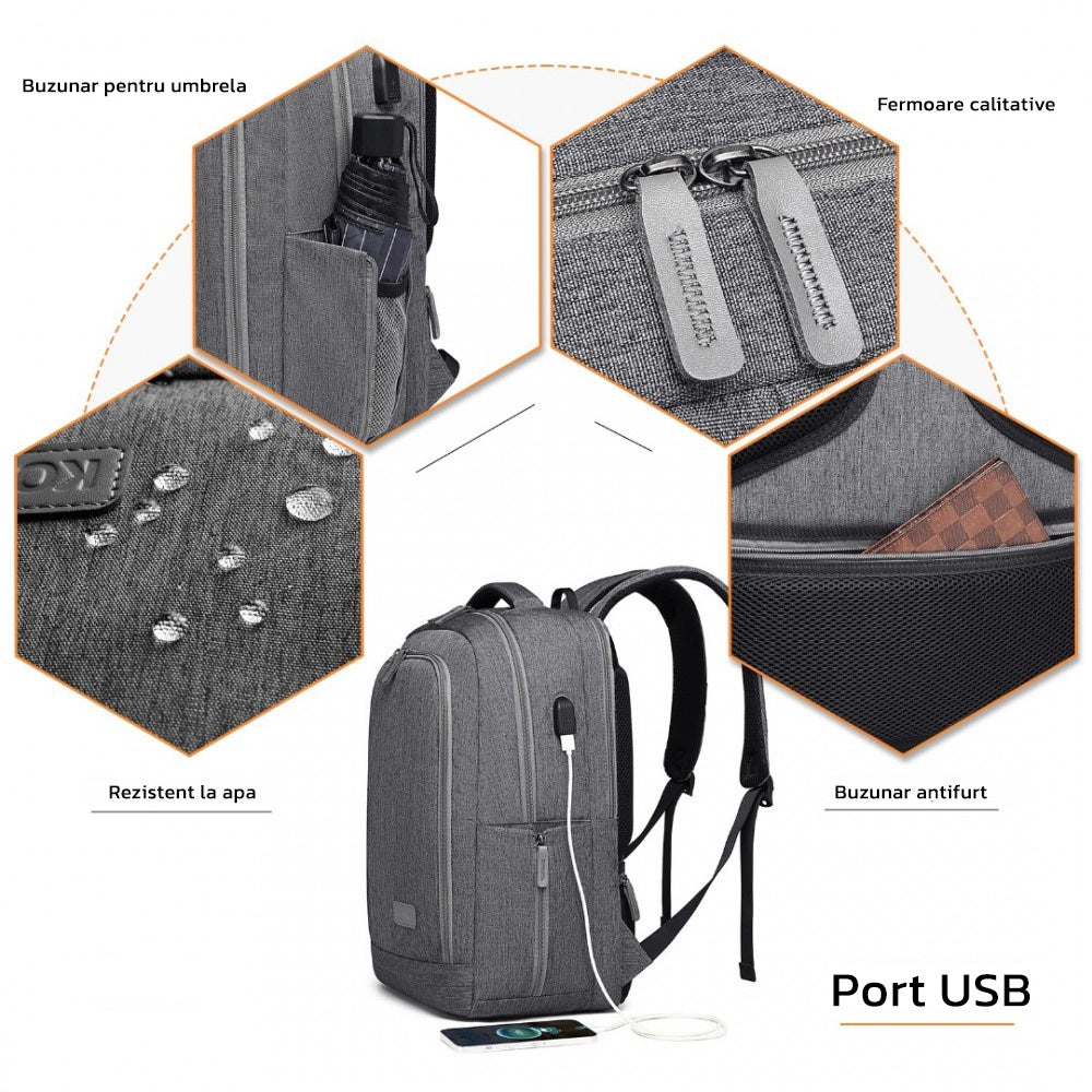 Rucsac multifunctional pentru laptop 15.6 inch, cu port USB, rezistent la stropi cu buzunar antifurt, Kono EM2111