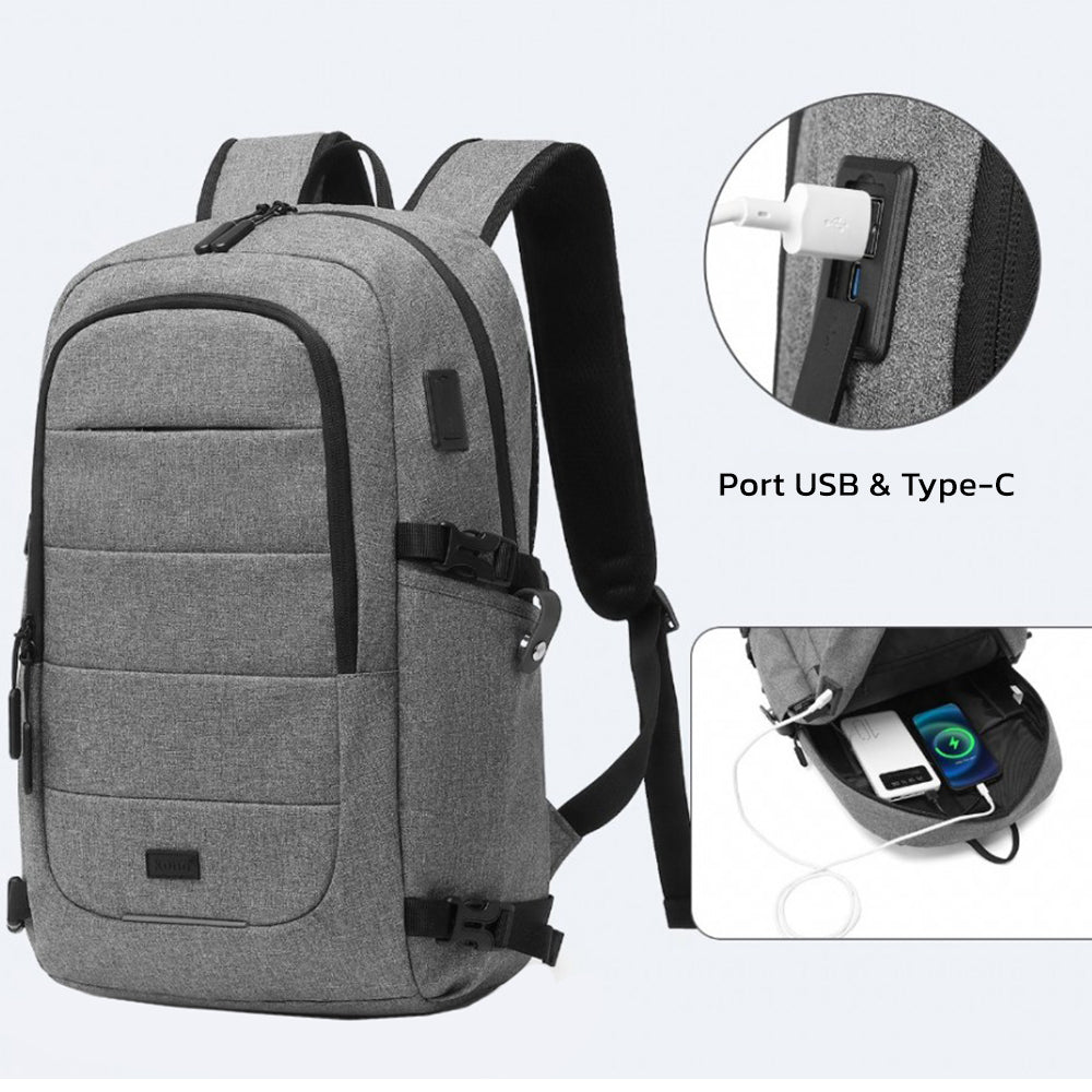 Rucsac casual unisex multi-compartimentat, rezistent la apa cu port USB, KONO EM2347