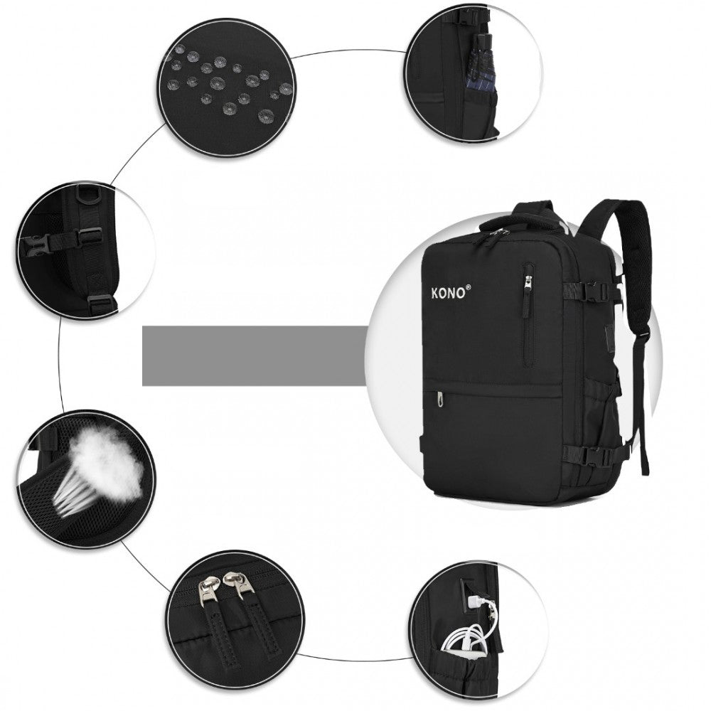 Rucsac unisex casual pentru calatorii cu borseta detasabila, din poliester este rezistetn la stropi, cu port USB TYPE-C, se fizeaza de valiza, KONO EQ2406