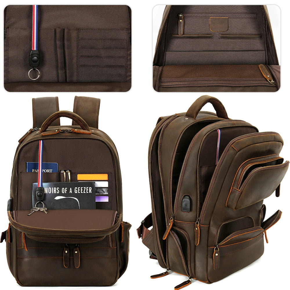 Rucsac unisex pentru laptop, cu port USB, rezistent la apa din piele naturala, JOLAR. P-0077