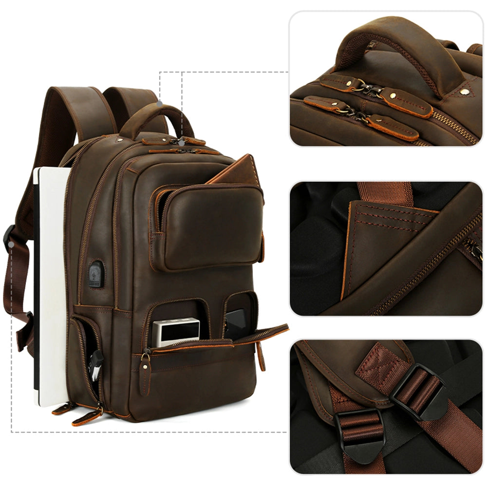 Rucsac unisex pentru laptop, cu port USB, rezistent la apa din piele naturala, JOLAR. P-0077