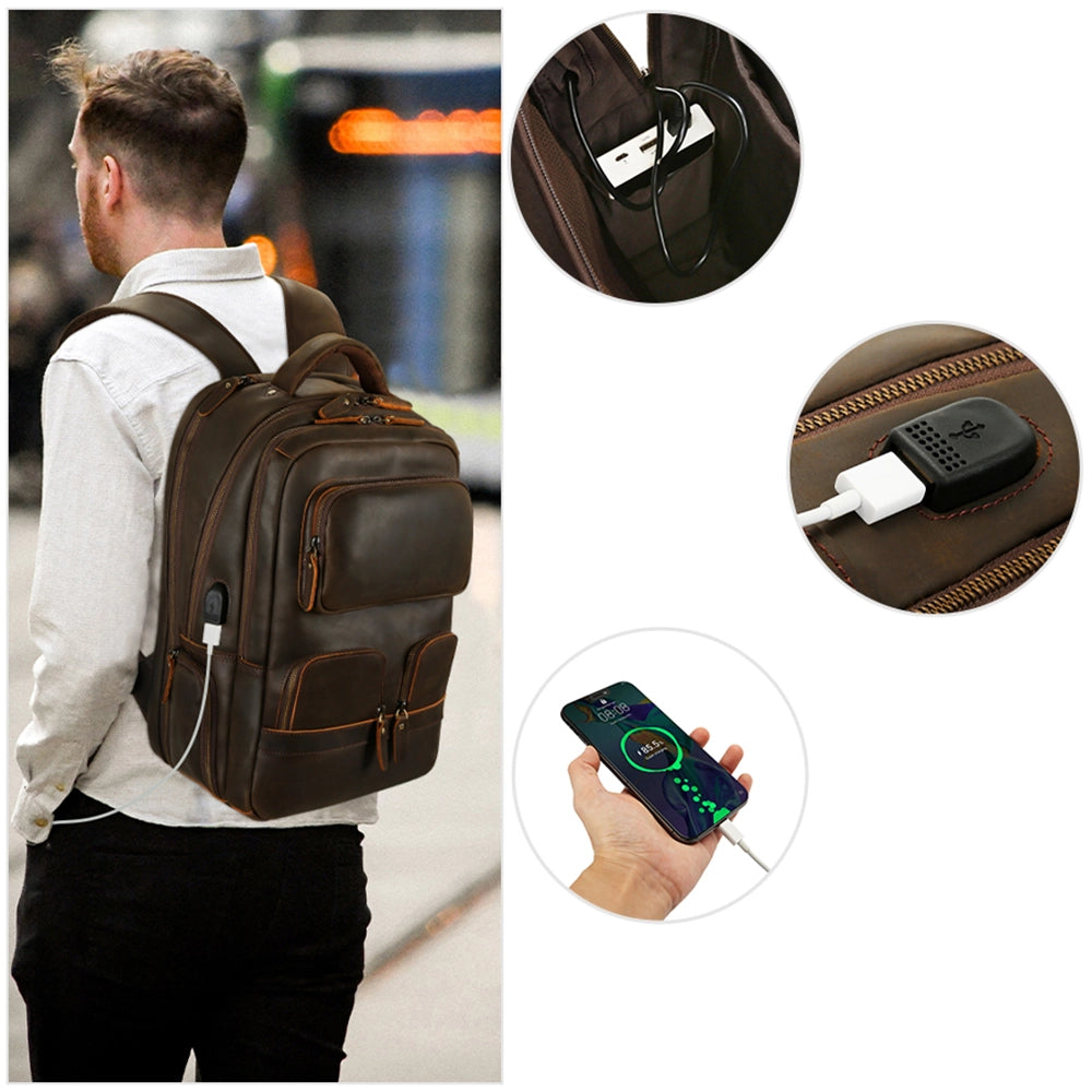 Rucsac unisex pentru laptop, cu port USB, rezistent la apa din piele naturala, JOLAR. P-0077