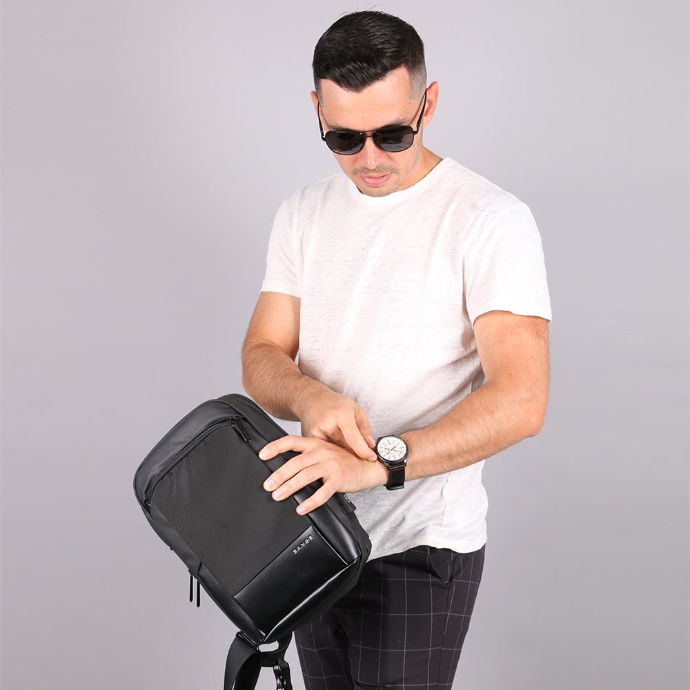 Geanta crossbody, tip rucsac unisex, din poliester rezistent la stropi, buzunar ascus Antifurt, cu Port USB, BANGE BG77112