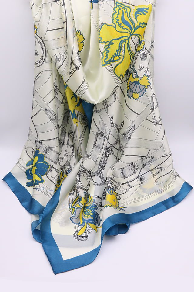 Esarfa dama, supradimensionata, casual eleganta, imitatie Matase, cu Imprimeu Flori si Curele, Hilldi NK12