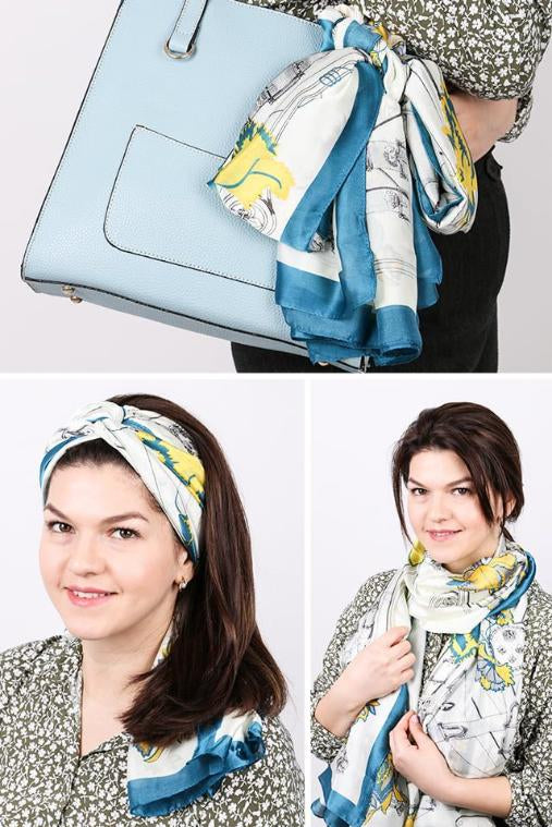 Esarfa dama, supradimensionata, casual eleganta, imitatie Matase, cu Imprimeu Flori si Curele, Hilldi NK12