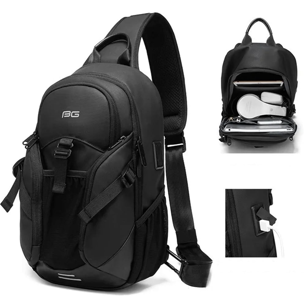 Geanta crossbody, tip rucsac, multifunctional, compartiment tableta, cu elemente reflectorizante, cu port USB, din poliester rezistent la stropi, unisex, BANGE, BG77120